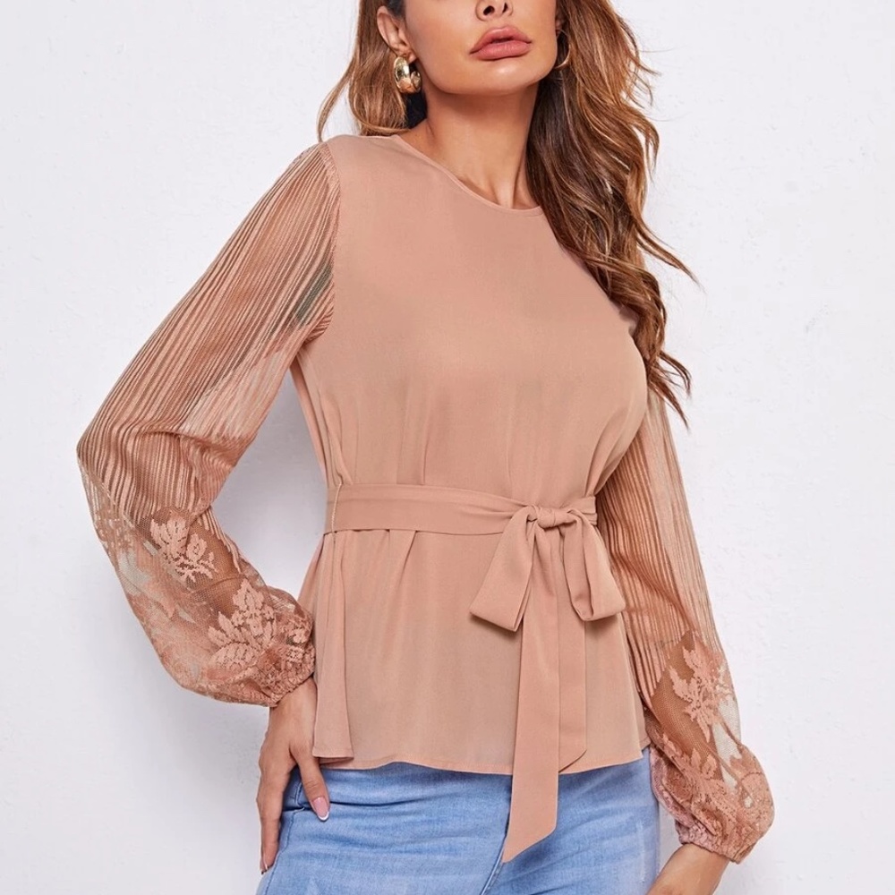 Boho Floral Sheer Sleeve Belted Blouse - Picture 9 of 9